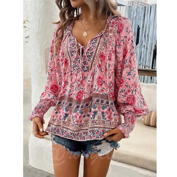 Pink Floral Printed Boho Long Sleeve Blouse Loose Fit Neck Ties Lantern Sleeve - Picture 2 of 8